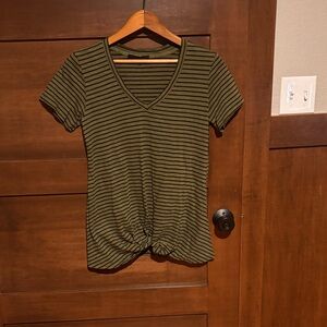 bobi Olive and Black Striped V-Neck Tee